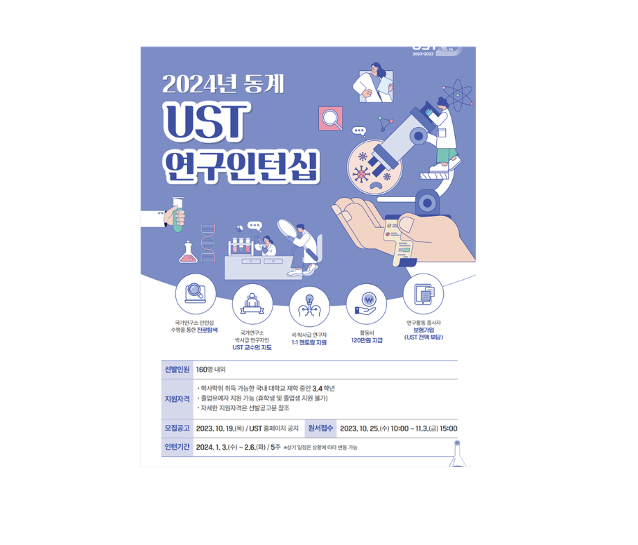 국가연구소에서 ‘실전 R&D’ 경험할 수 있는 기회  2024년 동계 UST 연구인턴십 모집 이미지